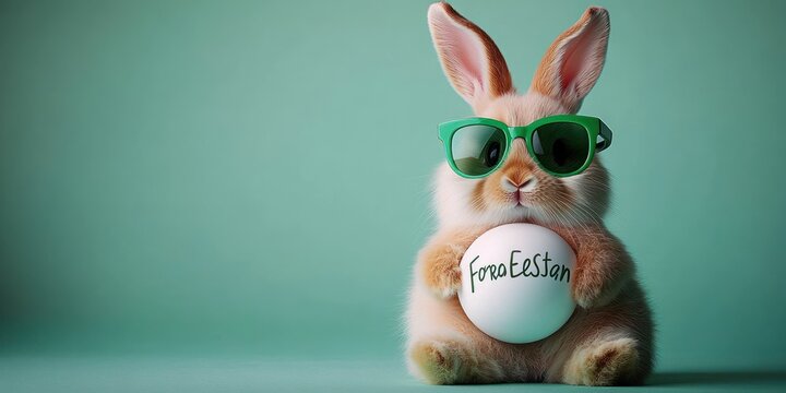 fluffy light brown rabbit wearing green sunglasses hugging a white ball with handwritten text, playful and chill expression against a mint green background
