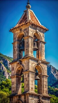 A photo of an ancient bell tower standing tall in Podmaine Monastery near Budva, Croatia The structure is adorned with intricate carvings and feature