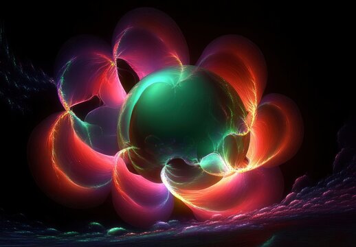 Glowing green orb surrounded by translucent neon petals and radiant light trails against a dark cosmic background, evoking wonder and ethereal energy