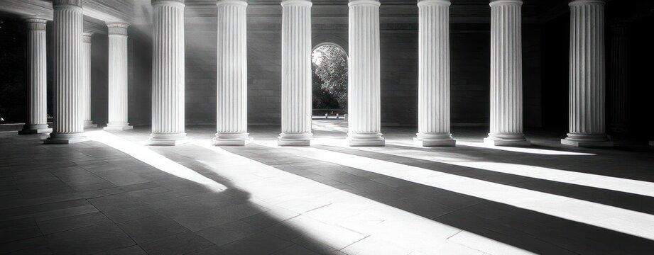 sunlit classical colonnade with tall fluted columns casting long diagonal shadows across tiled floor, arched doorway revealing trees, tranquil and dramatic mood