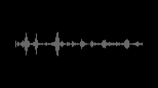 Abstract white line audio wave visualization, 4k sound waveform spectrum animation on black background, digital voice record effect, futuristic music equalizer for video overlay work
