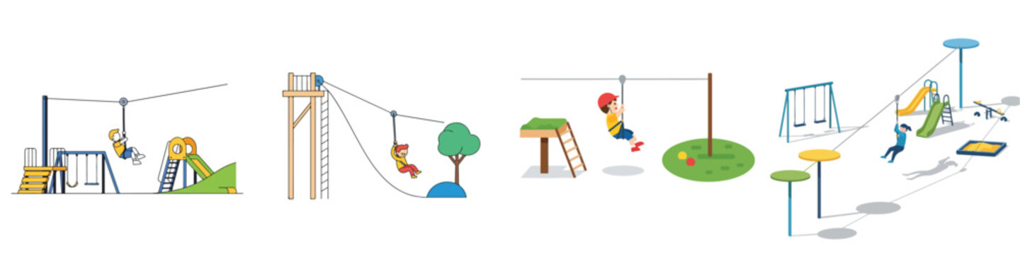 A flat vector illustration set of a zip line playground for children, minimal composition, smooth colors, no outline, white background