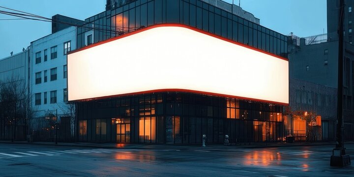 Empty city corner with glass storefront and oversized glowing blank billboard, wet reflective street at dusk, moody cinematic orange and blue lighting and quiet intersection