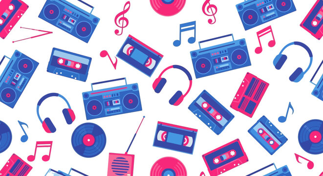 A vibrant illustration of various music players and headphones scattered with musical notes.
