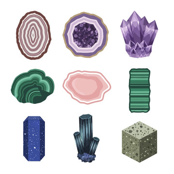 Vibrant crystal formations on display in a geological showcase setting with various minerals