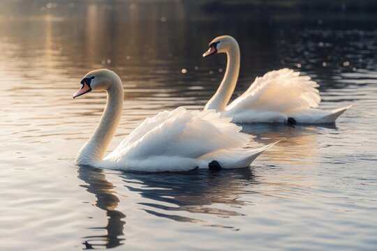 Two graceful white swans gliding across calm lake water at golden hour with soft backlit feathers and mirrored reflections, conveying a peaceful serene mood