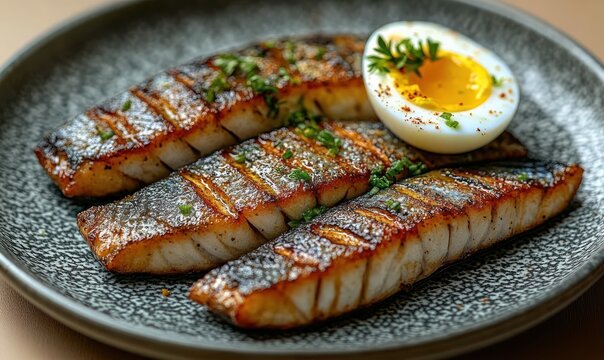 three grilled fish fillets with crispy seared skin, garnished with fresh herbs and served alongside a halved soft-boiled egg with runny yolk on a textured plate, appetizing and comforting
