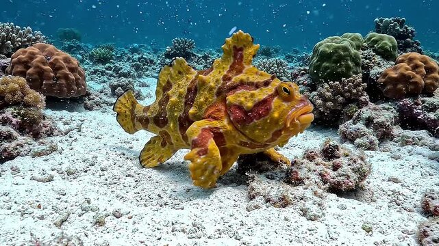 Colorful Frogfish Resting on Sandy Coral Reef Underwater Ocean Habitat