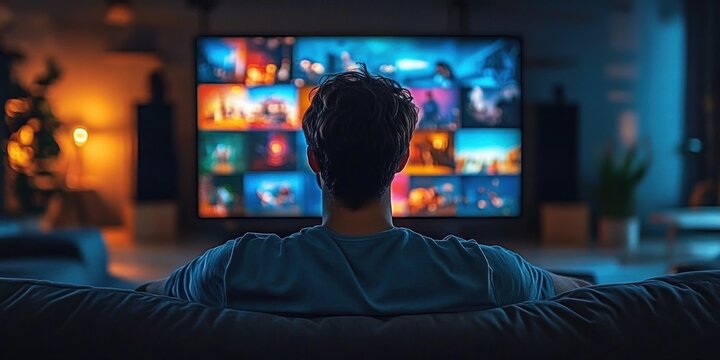 man sitting on a couch watching a large multicolored television screen in a cozy dim living room, relaxed and absorbed in evening entertainment