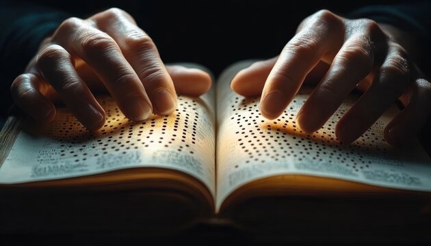 Close-up of two hands tracing embossed braille dots on an open book by warm light, quiet focused concentration