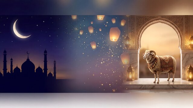 Eid al Adha wide banner with decorated sheep under mosque arch and floating lanterns, crescent moon sky with sparkling particles and soft glow, elegant Islamic festival design with copy space