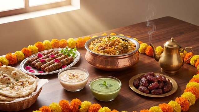 Traditional Eid al Adha feast with biryani kebabs naan and dates served on wooden table with tea pot and festive decorations, warm sunlight food photography for Islamic celebration and hospitality
