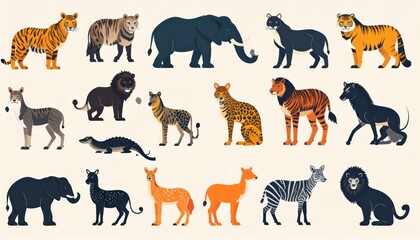 Naklejka premium Collection of Diverse Wild Animals in Flat Design Style.
