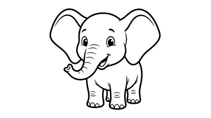 Fototapeta premium Adorable vector line art illustration of a cute baby elephant with big ears and a happy expression, perfect for children's coloring books and educational materials