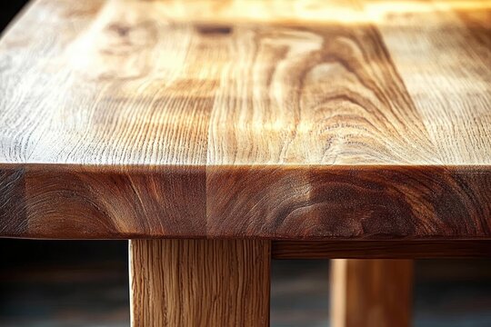 close-up of warm wooden tabletop and leg with rich grain and textured surface conveying a cozy handcrafted feel