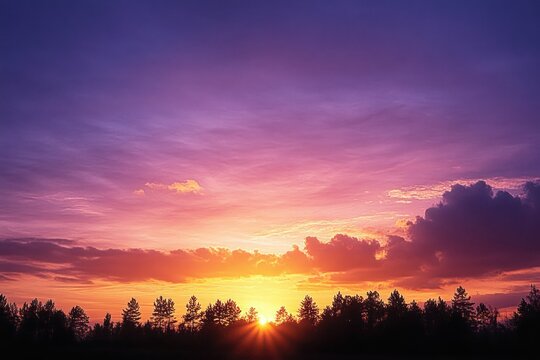 Vibrant sunset over pine tree silhouettes with golden sunburst on the horizon and a serene purple and orange cloud-filled sky