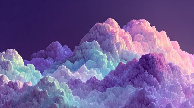 Abstract digital terrain displays vibrant pastel peaks against a deep violet sky