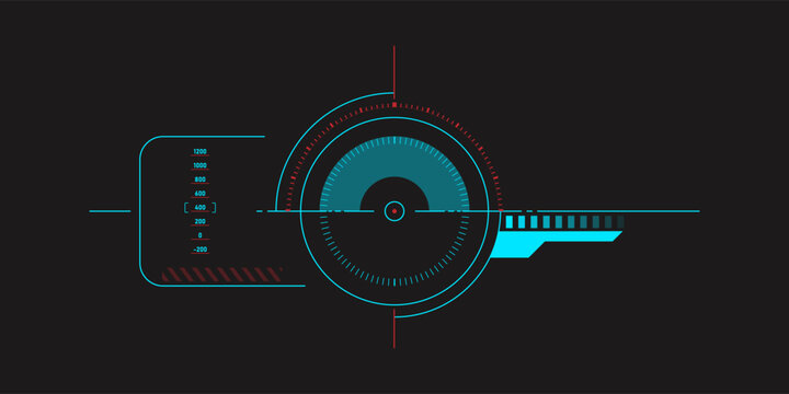 Futuristic neon HUD interface with circular target scanner, crosshair, data panel and measurement indicators. Clean cyberpunk sci-fi user interface design for game UI, dashboards, virtual display, dat