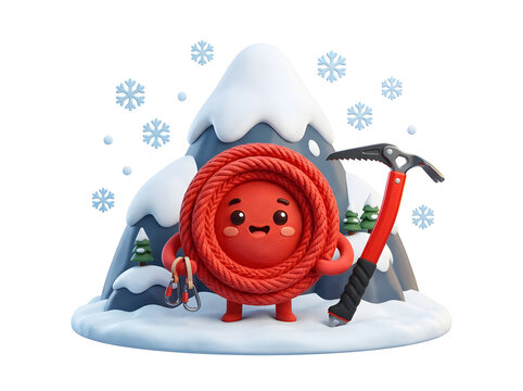 Cute red climbing rope character with ice axe in snowy mountains