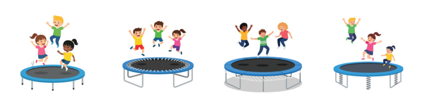 A flat vector illustration set of a trampoline play area with children jumping, clean and simple style