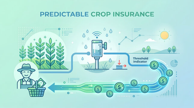 Predictable crop insurance solutions agricultural field infographic innovative technology aerial view parametric insurance benefits