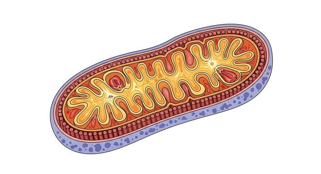 Detailed scientific illustration of a mitochondrion, showcasing its intricate internal structure with folded cristae responsible for cellular energy production