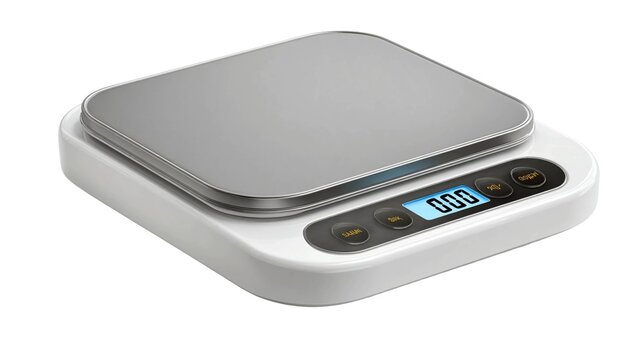 Modern white digital kitchen scale with zero displayed on lcd screen, weighing