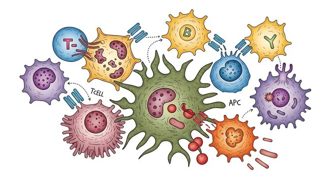 Illustration of human immune system cells, showing T-cells, B-cells, and macrophages interacting for body defense and immunity