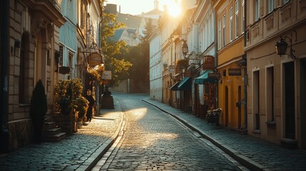 Fototapeta premium Charming cobblestone street at sunset