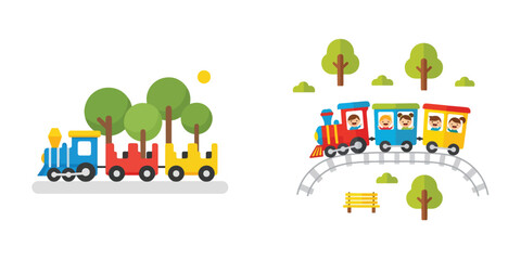 Fototapeta premium A flat vector illustration of a kiddie train ride in a park, simple rounded shapes, vibrant colors, no outline