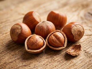 Obraz premium Group of whole and cracked hazelnuts on a rustic wooden background