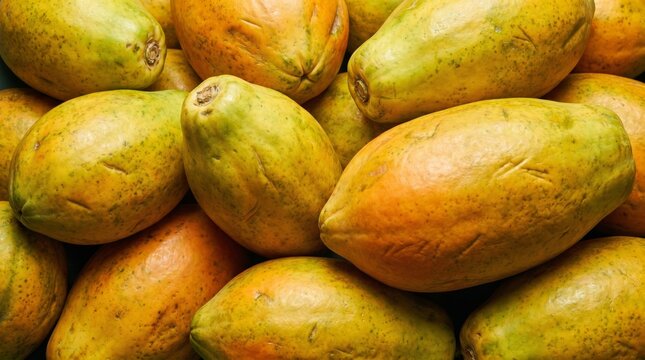 Top view of many ripe whole papayas as a fresh organic tropical fruit background