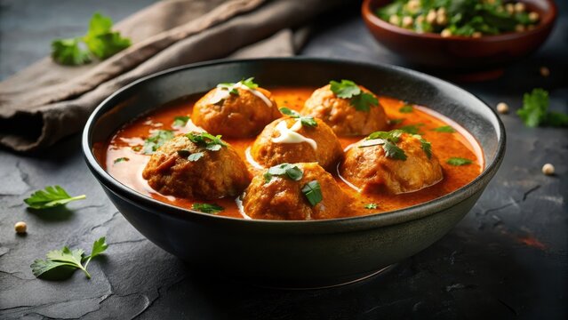 A photo of a black bowl filled with creamy malai kofta, potato and paneer balls swimming in a savory tomato gravy, garnished with fresh herbs