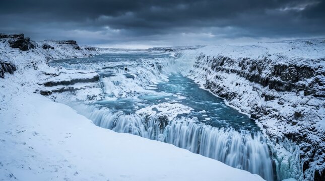 Iconic Gullfoss Waterfall in Winter: Snowy Iceland Landscape with Dramatic Sky