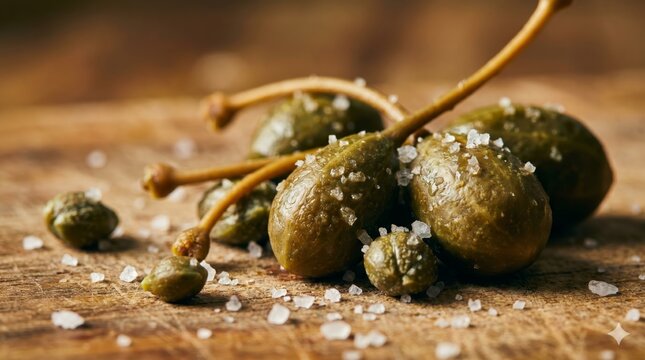 Close-up of pickled green caper berries sprinkled with sea salt on a rustic wooden board