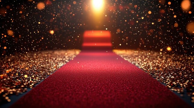 red carpet aisle bordered by golden glitter and floating confetti under a warm spotlight leading to a small illuminated platform, glamorous anticipatory mood