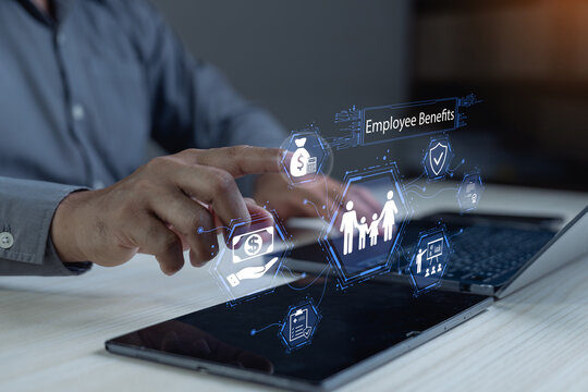 Employee benefits management concept with tablet interface showing payroll, insurance, family support and workforce rewards.