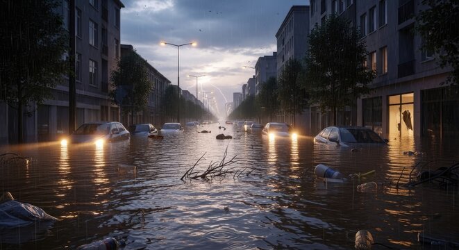 Urban street flooded with water, cars submerged, dramatic sky.