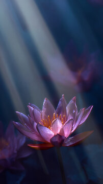 Radiant Pink Lotus Flower in Luminous Spotlight Under Peaceful Water Reflections in Tranquil Pond Scene