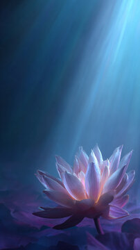 Serene Blue Lotus Under Soft Light Rays in Mystical Setting Evoking Peace and Tranquility