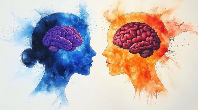 Two watercolor head profiles facing each other with colorful brains, blue and orange silhouettes with paint splashes and drips conveying contrast, connection and contemplative emotion