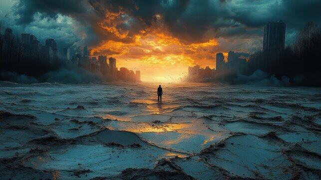 Solitary figure standing in flooded urban canyon beneath a fiery sunset and storm clouds, skyscrapers looming over reflective muddy waves and distant birds, desolate yet awe-filled