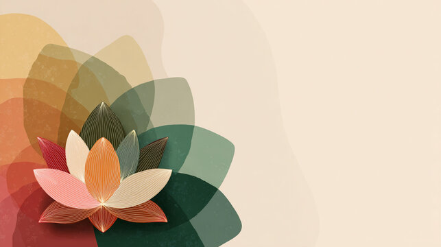 Abstract Minimalist Lotus Flower Illustration with Overlapping Geometric Pattern in Earth Tones for Modern Zen Decor and Meditation Spaces