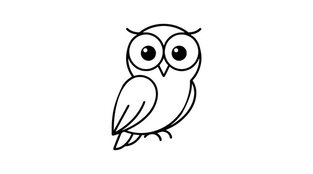 Adorable cartoon owl illustration in clean black and white outline style, perfect for educational materials, children's books, or a charming graphic design element