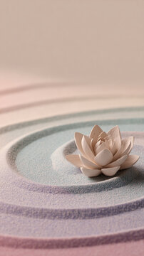 Tranquil Zen Garden with Wooden Lotus and Colorful Sand Ripples for Meditation and Mindfulness