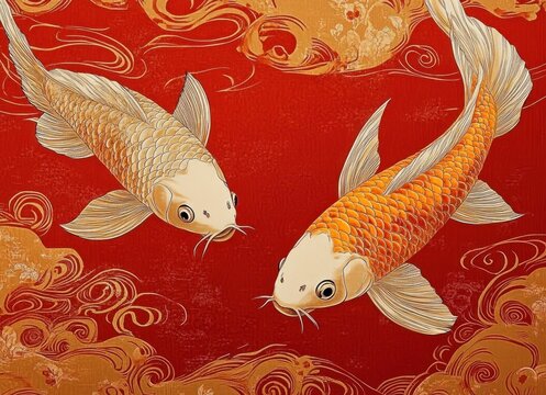 Two golden koi swimming gracefully on a textured red background with swirling gold waves, serene and elegant