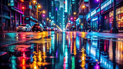 Obraz premium A photo of a rainy night city street with vibrant neon lights reflecting on wet asphalt, streetlights casting reflections, raindrops glistening on pav