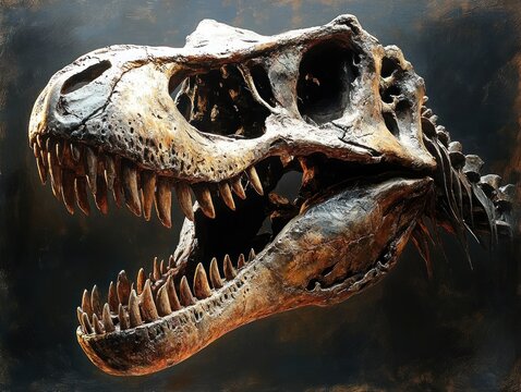 weathered predatory dinosaur skull fossil with gaping jaws and sharp teeth against a dark moody backdrop, evoking awe and menace