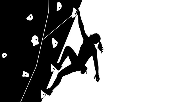 Silhouette of a female climber ascending a challenging artificial rock wall with visible handholds and footholds against a white background.