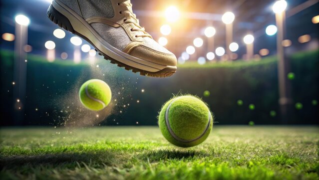 A photo of a tennis ball midflight above a grass court with shoes at the base